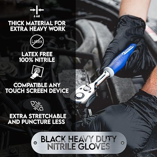 Heavy Duty 6 Mil Black Nitrile Gloves - Disposable, Latex & Powder Free | Mechanic, Food Prep & Tattoo | Rubber Gloves for Cooking, Cleaning & Household |Bulk Case of (1000)