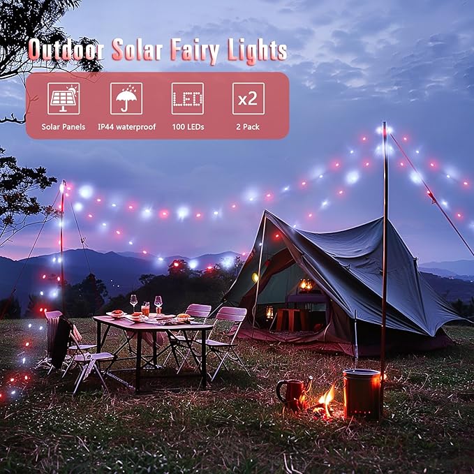 JMEXSUSS 2 Pack Red and White Solar Christmas Lights, Each 33FT 100 LED Solar String Lights Outdoor, Waterproof Solar Fairy Lights for Outside Christmas Decorations