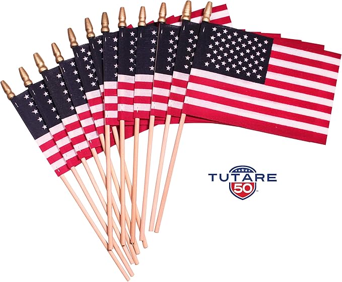 American Flags on Stick - Handheld Spearhead US Flag for 4th of July, Memorial Day Event Decorations - Patriotic Decor for Indoors & Yard - Wooden Stick, Cotton Fabric - (8"x12" - 12 Pack)