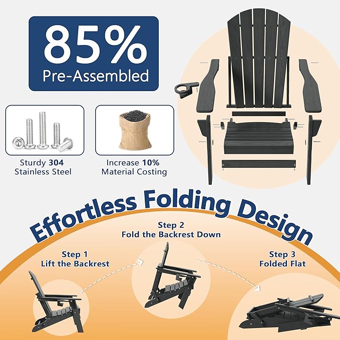 Folding Adirondack Chair Set of 4 with Cup Holder, HDPE All Weather Resistant Plastic Outdoor Patio Chairs, Heavy Duty Fire Pit Seating for Backyard Lawn Garden, Wooden Textured Design(Gray)