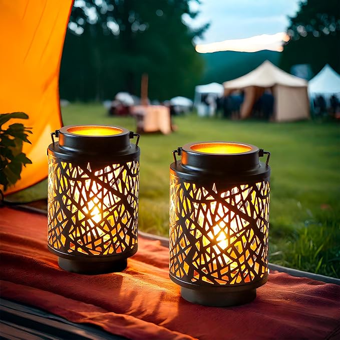 JHY DESIGN Set of 2 LED Battery Operated Table Lamp 8“H Cordless Lamp Light with 6-Hours Timer Metal Black Battery Lamp for Patio Garden Indoor Outdoor Party Events(Hollow Branch)