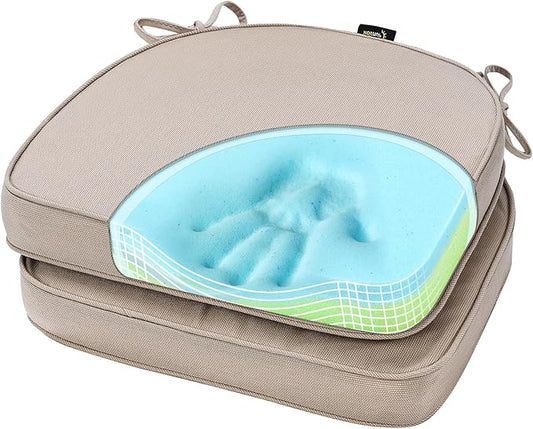 SUNROX Gel Memory Foam Chair Cushions, FadeShield Water-, Stain-Resistant Durable Reversible Seat Cushion Pads with Ties for Indoor/Outdoor Kitchen Dining Office, 19"x19", Set of 2, Husk Birch