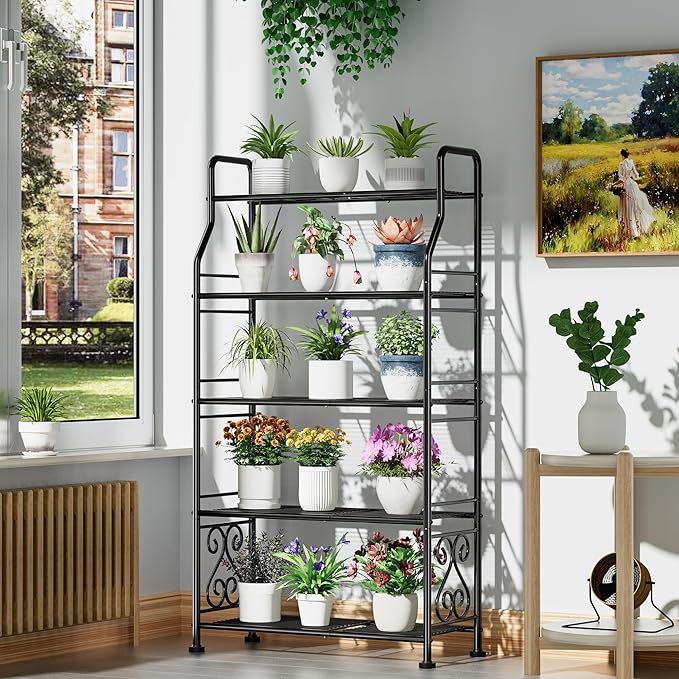 GIOTORENT Plant Stand Outdoor Indoor 5 Tier Metal Waterproof - 53.2" Plant Shelf for Patio, Balcony, Living Room, Large Capacity Tiered Plant Rack, Black