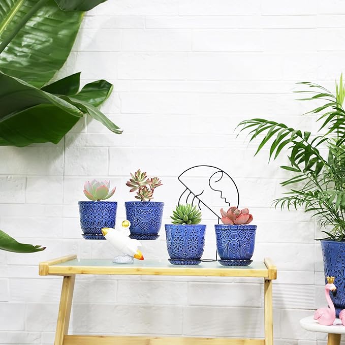 Gepege Succulent Pots, 4 Inch Small Indoor Ceramic Planter Pot with Drainage Holes and Saucers for Plants- Creamy White - Set of 4