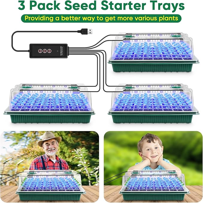 Seed Starter Tray with Grow Light,3 Pack 120 Cells Seedling Tray with Humidity Dome/Indoor Grow Kit for Deep-Rooted Seedlings,Adjustable/Timed Light Plant Starter Set