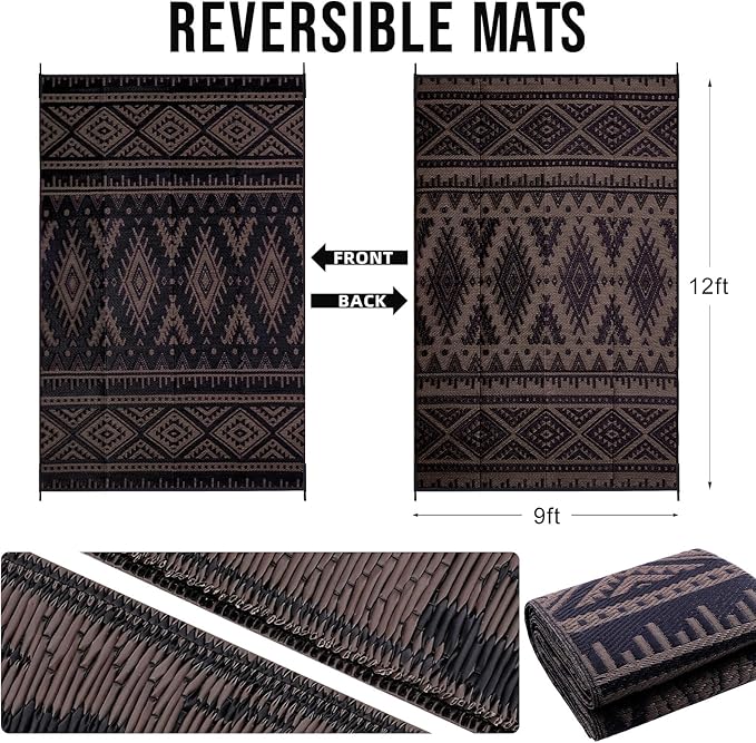 OLANLY Outdoor Rug Waterproof 9x12 ft, Reversible Outdoor Plastic Straw Rug, Boho Patio Rug, Indoor Outdoor Carpet, RV Mat Outside for Patio, Camp, Picnic, Balcony, Deck, Backyard, Black & Brown
