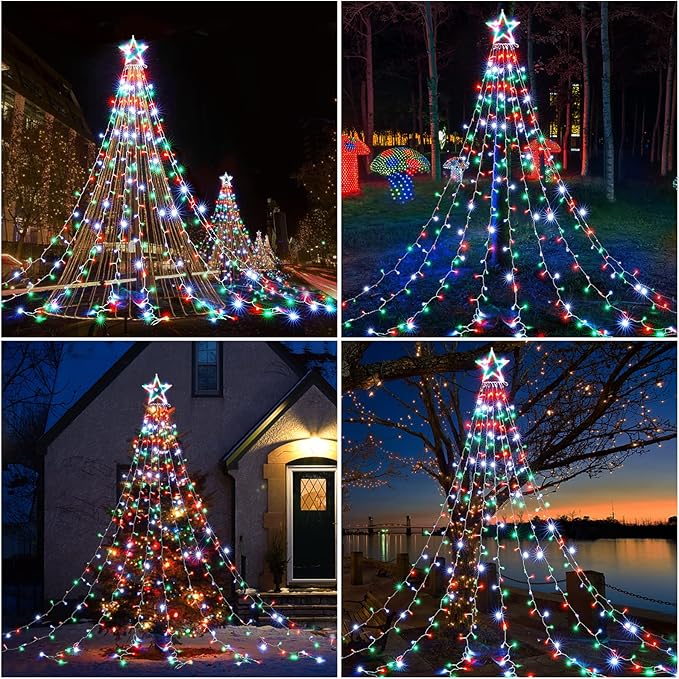 BlcTec Outdoor Christmas Lights 344 LED Christmas Star Lights with 9 Strands 11.9ft Waterfall Tree Lights, 8 Modes, Waterproof & Timer for Garden Yard Patio Outdoor Xmas Decorations，Red Green White