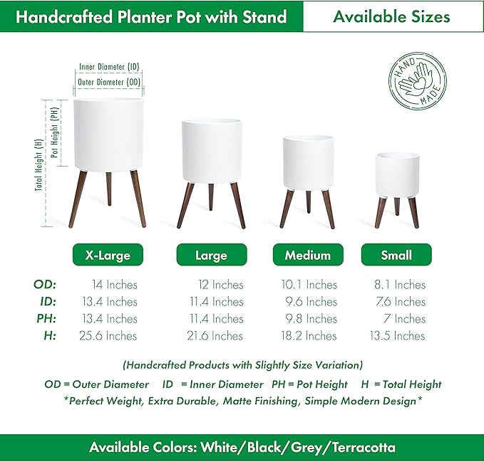 D'vine Dev 14 Inch Planter Pot with Stand, Mid-Century Tall Plant Pot with Legs for Indoor Plants, X-Large, White, 88-O-D-1