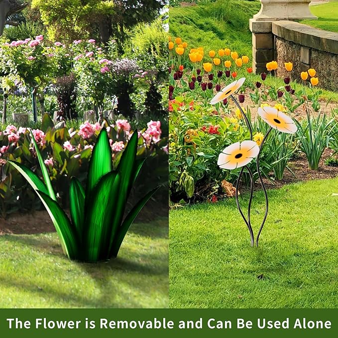 Upgraded Large Metal Yard Art, Metal Agave Plant Yard Decorations Outdoor Sculpture, Metal Flowers for Outside, Waterproof Outdoor Garden Decor (Green + White Flower)