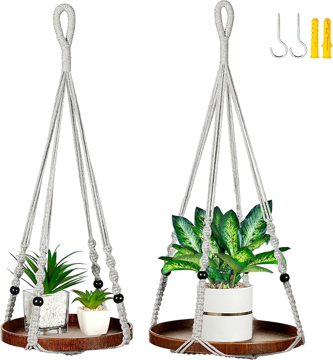 2 Pack Macrame Plant Hanger | Plant Hanger Indoor, Hanging Planter Shelf | Hanging Planter (Light Grey) (1 Large + 1 Medium)