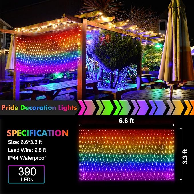 Pride Flag Outdoor Decorations, 6.6x3.3 FT LGBTQ Rainbow LED Net Lights, 390LED Waterproof Connectable Garden Lights for Pride Month, Room, Yard, Party, Office