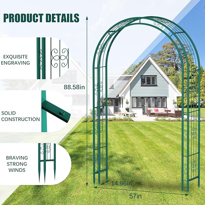 88in Steel Garden Arch Arbor Trellis for Climbing Plants Outdoor,Yard,Wide Sturdy Durable Garden Arch for Lawn,7.3ft Climbing Plants Decorative Wire Lattice,Outdoor Wedding Arch(Green)