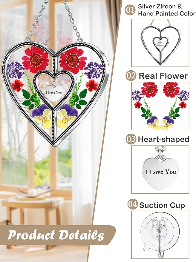KY&BOSAM Heart Suncatchers I Love You Stained Glass Hangings for Windows Suncatcher Birthday Gifts for Women Mothers Valentine`s Day Real Flower Glass & Metal Maker for Christmas Party Home Decor