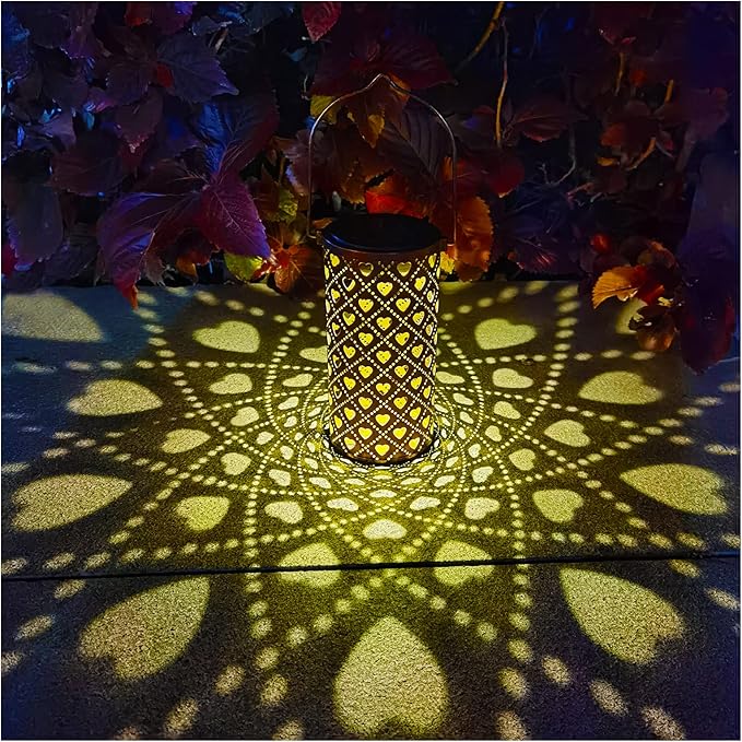 Solar Lanterns Outdoor Hanging Heart Pattern Decor Lantern,Waterproof Hollow Out Metal Decorative Garden Light,Graceful Decoration for Patio,Yard,Landscape,Walkway,Festival