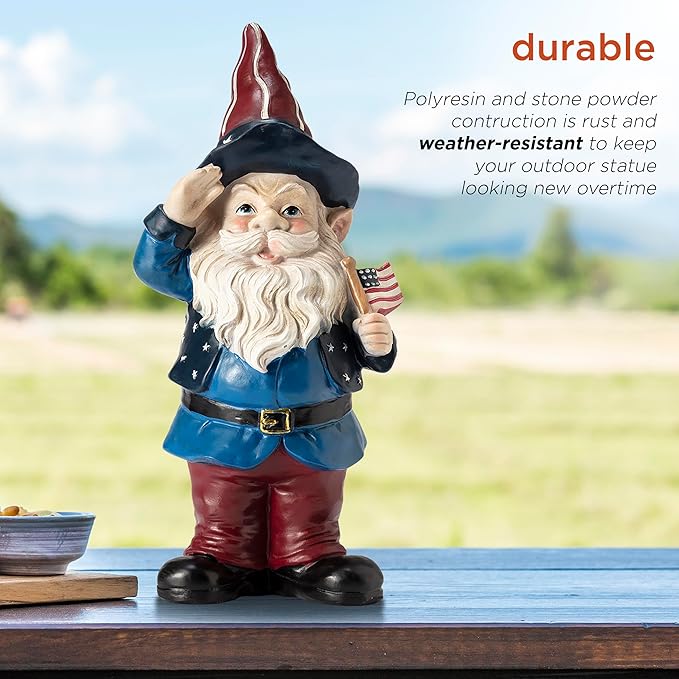 Alpine Corporation 12" Tall Outdoor Patriotic Garden Gnome Saluting Yard Statue Decoration