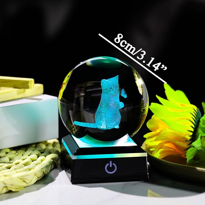 3D Cat Crystal Ball Cat Lover Gifts for Women 3D Cat Figurines Home Decor Cat Collectibles Snow Globes Gift for Girl Cat Lamp for Bedroom Unique Cat Gifts for Her