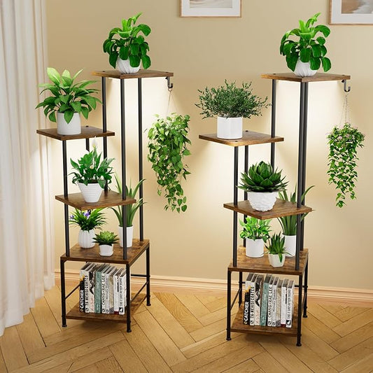 Plant Stand Indoor with Grow Light, 5-Tiered Tall Plant Stand Indoor, Metal Plant Shelf with Hanging Basket Hook and Adjustable Light, Ideal for Living Room, Garden, Patio,Brown and Black（2 pcs ）