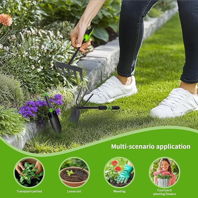 Hoe Garden Tool Set, 3 Piece Handheld Gardening Tools includs Garden Hoe and Cultivator Combo, Mini Hand Rake and Garden Trowel Outdoor Heavy Duty Garden Tools for Weeding or Digging