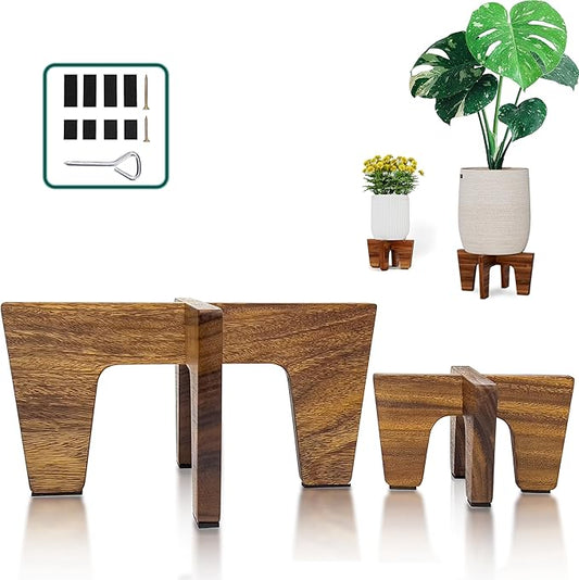 Plant Stands Indoor , Acacia Wood Boho Mid-Century Plant Holder, Modern Minimalist Wooden Pedestal Stand, Fits Up To 12” & 6.5” Pots (2-Pack M&S Size, Pots Not Included)