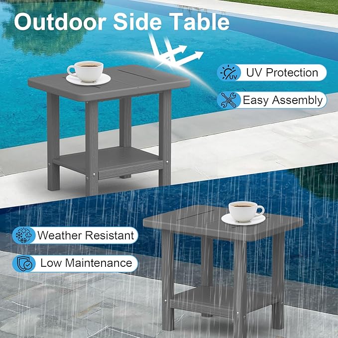 Outdoor Side Table - 2-Tier Storage All Weather Outdoor End Table for Patio - HDPE Morden Easy Maintenance Adirondack Side Table for Pool Porch Balcony Garden Lawn Backyard Outside Indoor
