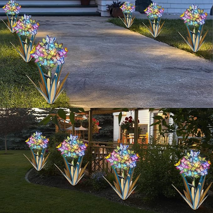 Homight Solar Metal Agave Butterfly Flower Stick Garden Sculpture - Outdoor Gift, Christmas Lights - Swaying Butterfly Garden Lights (2 PCS Blue)