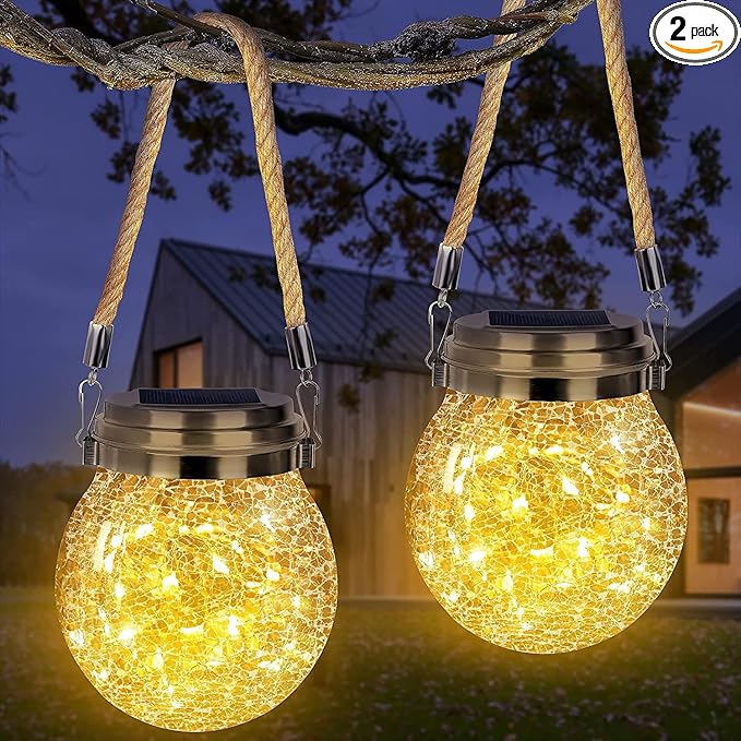 Solar Lantern Crackle Glass Ball, 2 Pack Garden Hanging Solar Lights Outdoor Waterproof Lanterns with 30 Warm White LED for Outdoor Decor Patio Yard Lawn Pathway
