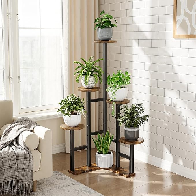 Corner Plant Stand Indoor, 6 Tier Corner Plant Shelf Flower Stand for Multiple Plants, Plant Shelves Organizer Rack for Living Room, Balcony, Patio, Garden, Round Rustic Brown