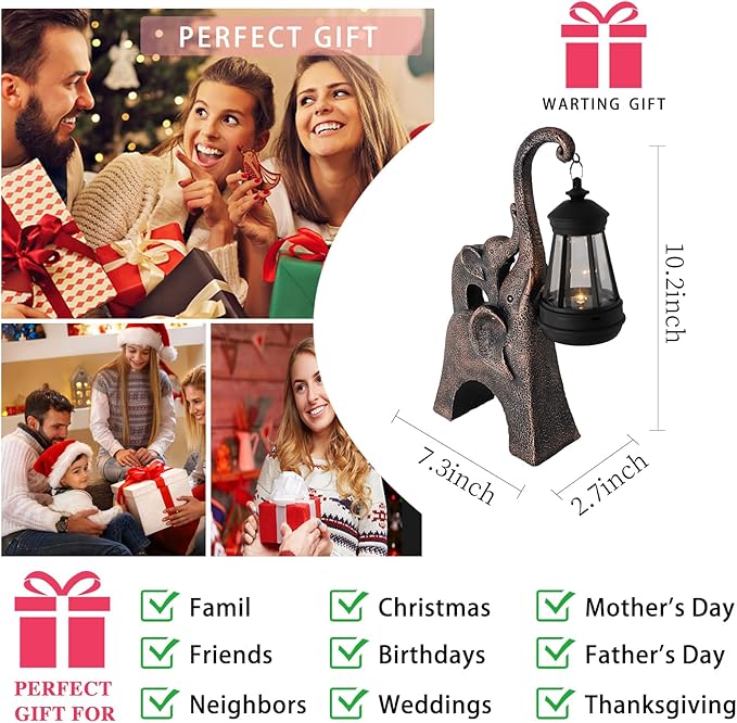 Elephant Statues Garden Decor with LED Solar Lights-Lucky Elephant Mother Gifts for Women, Men or Daughter, Unique Housewarming Gifts and Yard Decoration (Gold)