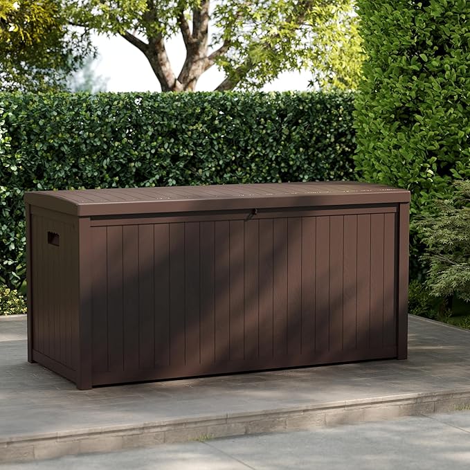 Outdoor Storage Box, 120 Gallon Deck Box Indoor and Outdoor Use, Waterproof Resin Storage Bin for Patio Cushions, Gardening Tools, Lockable, UV Resistant, Brown