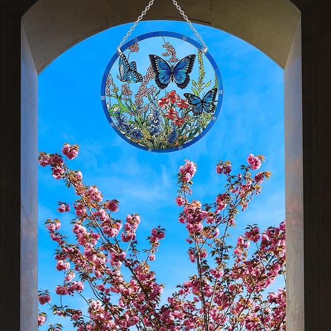 Lager Butterfly Suncatchers for Windows, Butterfly Stained Glass Window Hanging - 8.6 inch Sun Catcher for Window, Butterflies Decor with Hook - Suncatchers Birds Window Hangings Gifts for Mom