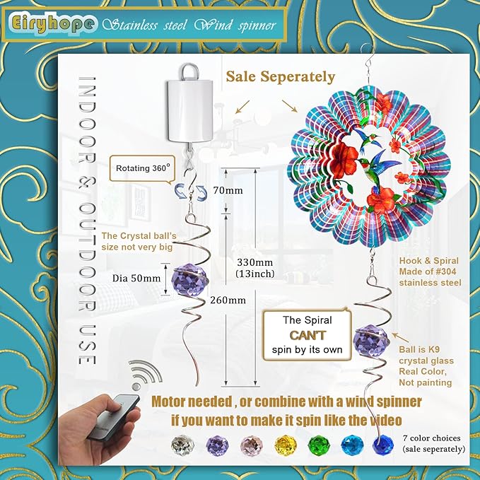 Wind Spinner Spiral Tail, Gazing Ball Spiral, Decorative Sun Catcher Rainbow Maker 11inch Tail and 2 inch Purple Crystal Orb with Swivel Hook, Indoor & Outdoor Garden Decoration 13" Height