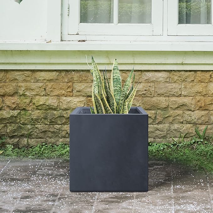 Kante 16 Inch Square Concrete Planter for Outdoor Indoor Home Patio Garden, Large Plant Pot with Drainage Hole and Rubber Plug, Charcoal