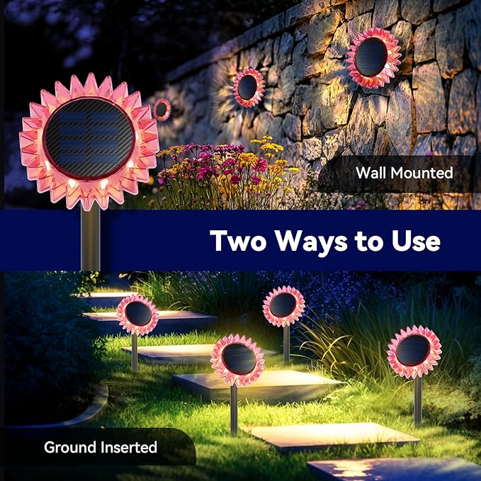 Outdoor Solar Lights, 6 Pack Led Solar Sunflower Lights, Stake/Wall 2-in-1 Waterproof Solar Garden Lights for Yard, Landscape, Fence, Patio, Driveway, Pathway, Backyard Decoration (Warm White)