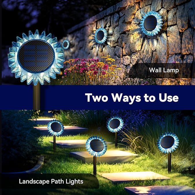Outdoor Solar Lights, 2 Pack Led Solar Sunflower Lights, Stake/Wall 2-in-1 Waterproof Solar Garden Lights for Yard, Landscape, Fence, Patio, Driveway, Pathway, Backyard Decoration (Warm White)