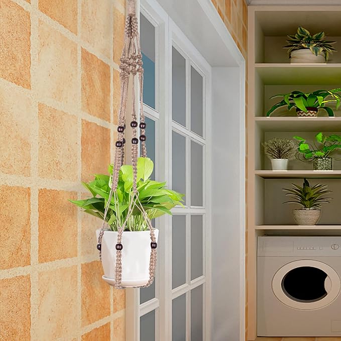 Macrame Plant Hanger Indoor Hanging with Wood Beads Macrame Planters No Tassel for Indoor Outdoor Boho Home Decor 35 Inch (Brown, 1pc)