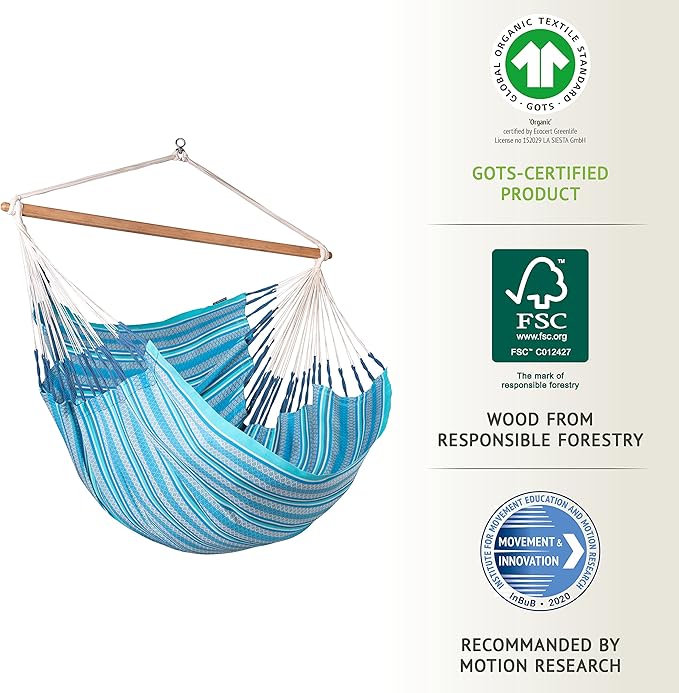 LA SIESTA Habana Hammock Chair, Indoor or Outdoor, Ideal for Sitting or Lying Down, Cotton Hammock, Patio, Swinging Chair, Boho, Max 355 Lbs, King, Azure