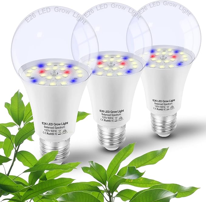 Grow Light Bulbs for Indoor Plants Full Spectrum,E26 A19 Grow LED Lamp Bulb 10W with Balanced Spectrum 5000K Red Blue for Seeds Greens Laboratory,School,Greenhouse, Indore Garden, Hydroponic,3Pack