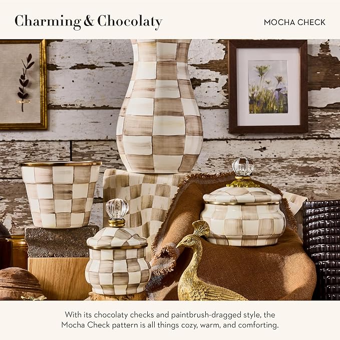 MACKENZIE-CHILDS Enamel Garden Pot, Decorative Pot for Plants, Outdoor Flowerpot Decor, Small, Brown-and-White Mocha Check