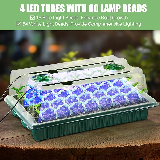2 Pack Seed Starter Tray with Grow Light High Dome Seed Germination Kit 80 Cells with 4 LED Grow Lights Seedling Starter Kit with Smart Timer and 3 Modes for Home Gardeners, Indoor Greenhouse