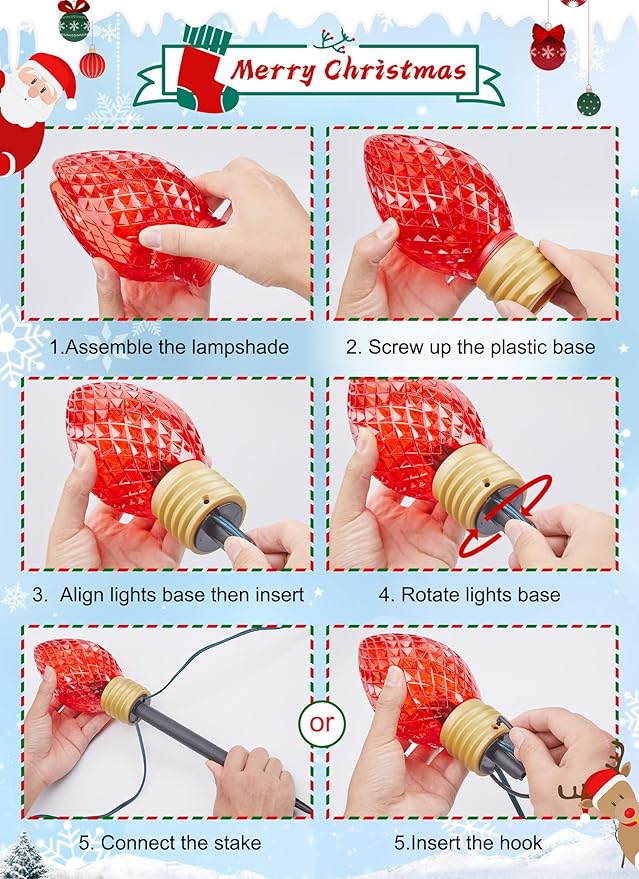 Moonflor Strawberry Jumbo C9 Christmas Pathway Lights Outdoor - 8.5 Feet 5 LED C9 Christmas Lights,C7 Lights Covered Jumbo Multicolor Christmas Lights Outdoor Decorations for Lawn Holiday Outside Yard