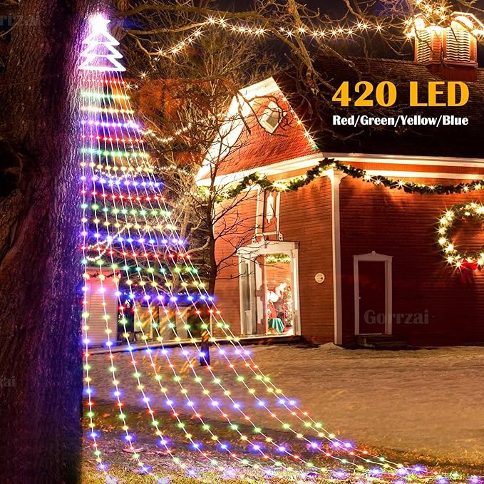 Outdoor Christmas Decorations Star String Lights 420 LED Waterproof Waterfall Lights with Christmas Tree Topper, Gorrzai 8 Lighting Modes Tree for Yard Patio Garden Party (Multi-Colored)