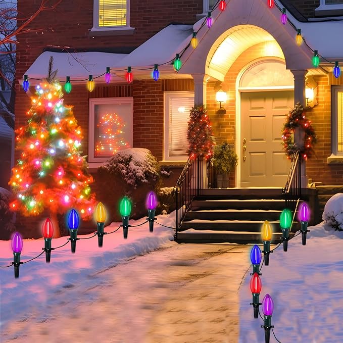 C9 LED Christmas Pathway Lights Outdoor, 38Ft 25 LED Multicolor Marker Stakes, Connectable Walkway UL Listed for Yard Lawn Sidewalk Driveway Christmas Decorations