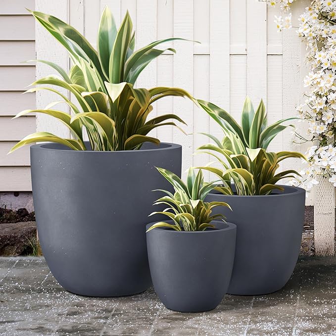 Kante 18",14",10" Dia Concrete Round Planters (Set of 3), Outdoor Indoor Large Planter Pots with Drainage Hole and Rubber Plug for Home Patio Garden, Charcoal