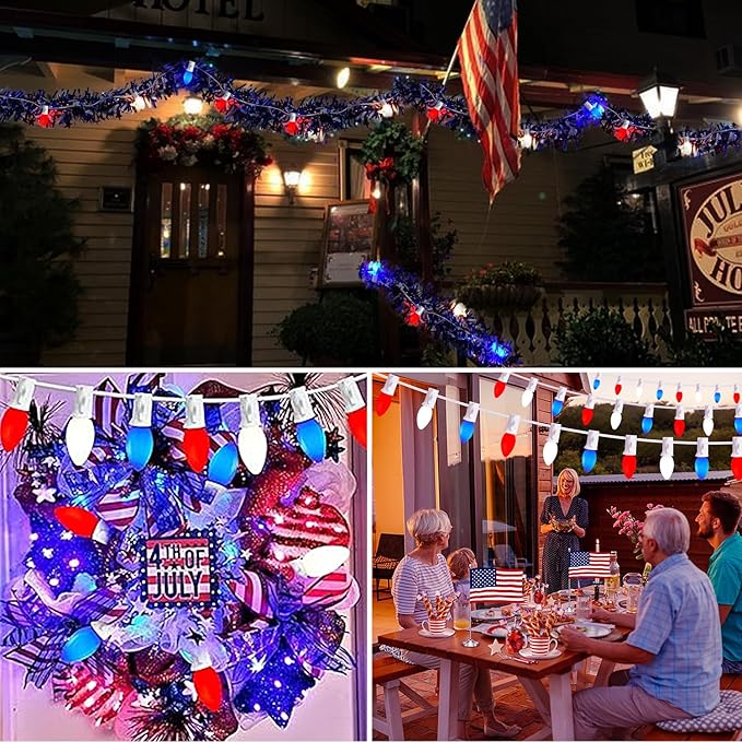 45.6 FT 4th of July Decorations Lights Outdoor, C7 LED Red White and Blue Lights String with 46 Bulbs(6 Spare), Patriotic Decor Light for Memorial Day Independence Day Patio Garden Backyard Bistro