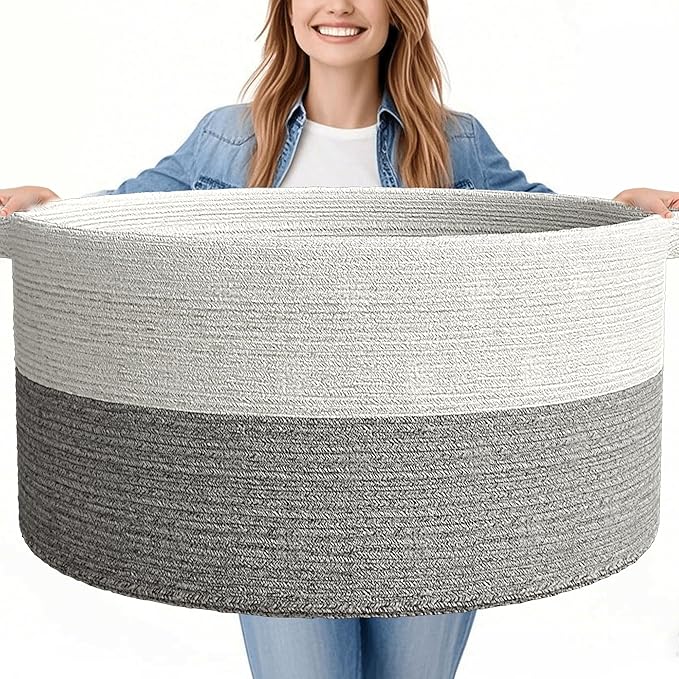 125L Extra Large Blanket Basket, 25" x 16", Jumbo Laundry Woven Baskets Decorative Home, Cotton Rope Basket with Handles, Baby Toy Baskets for Storage, White & Gray