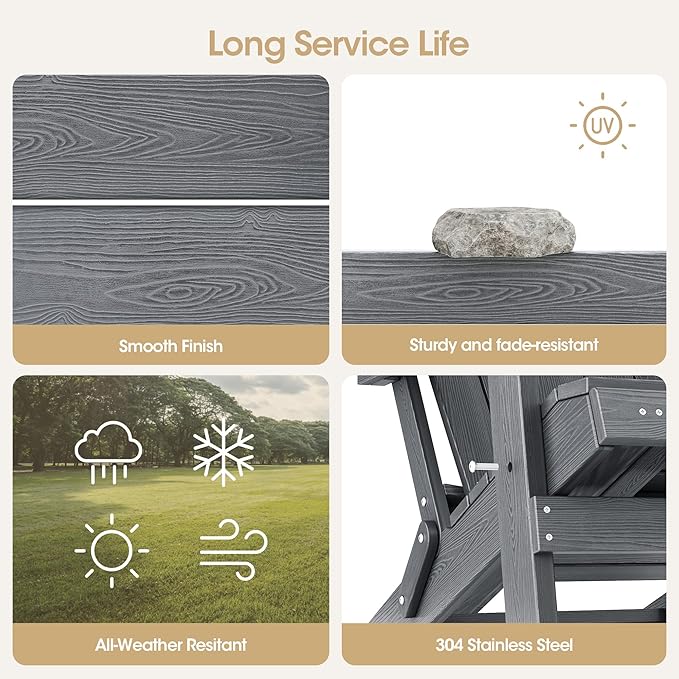 Folding Adirondack Chair Set of 2 with Adjustable Backrest, Adirondack Chair with Ottoman with 2 Cup Holders, for Outdoor Beach Garden Porch Lawn Pool Deck, Grey