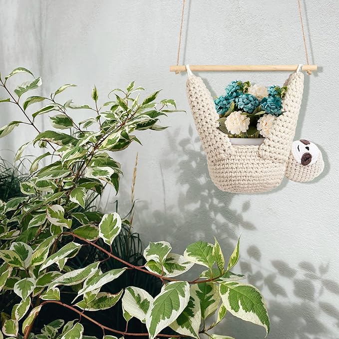 Macrame Plant Hanger Crochet Sloth Hanging Planter Sloth Gifts,5 Inch Animal Wall Hanging Plant Holder for Plant Sloth Lovers, Home Decor Indoor Outdoor Plants Succulent Gifts