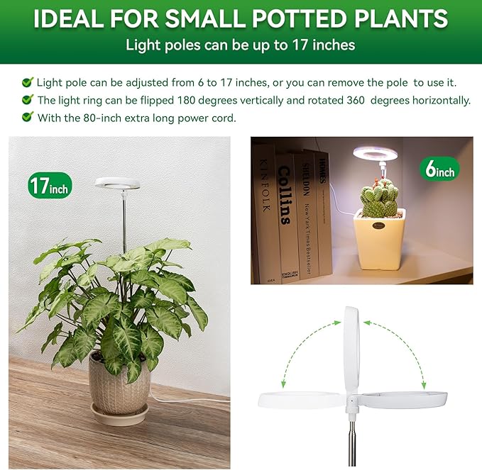 Grow Light for Indoor Plants, Full Spectrum 48LEDs Small Grow Light, Plant Light Super Bright with 4/8/12/18H Auto Timer, Dimmable, Adjustable Height 7"-17", Halo Φ3.5", Power Cord 78", Plug Included