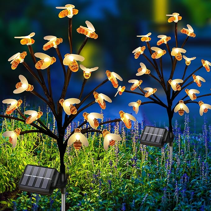 Solar Garden Lights Outside - 4 Pack 80 LED Solar Bee Lights Outdoor Waterproof with 8 Modes Landscape Decoration for Garden Patio Yard Walkway Grass Spring Decor (Warm White)
