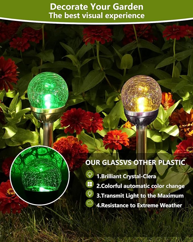 3 Pack Color Changing Outdoor Solar Landscape Lights - Waterproof Cracked Glass Ball LED Pathway Lights for Patio Garden Pathway Decoration